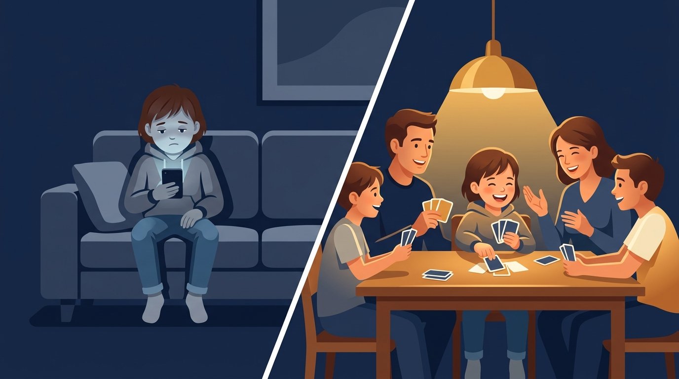 Contraste: criança sozinha no celular versus família jogando cartas juntos